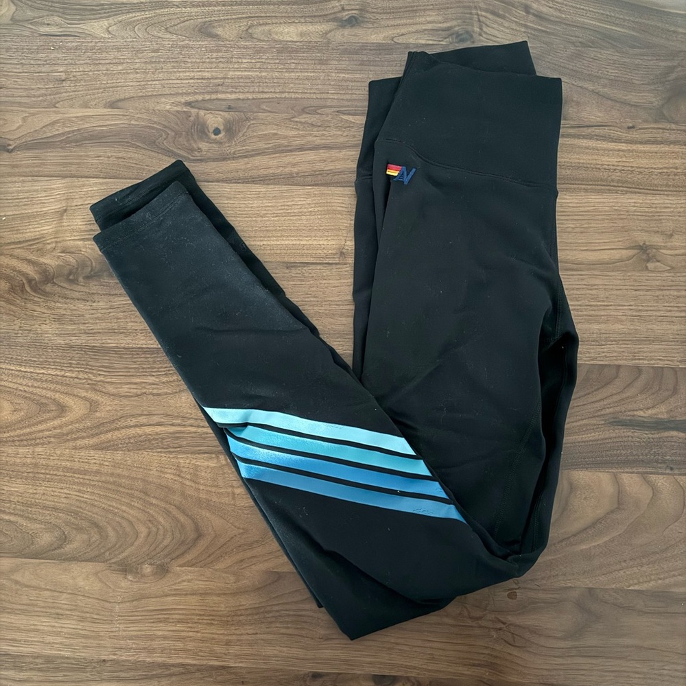 Aviator Nation Black Leggings with Blue Stripes